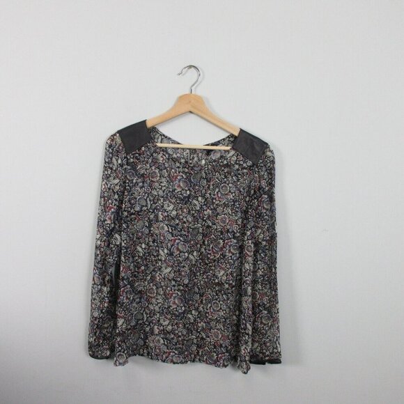 Club Monaco Silk Floral Blouse Women S Black Leather Shoulder Patches Luxury 70 - Picture 1 of 10